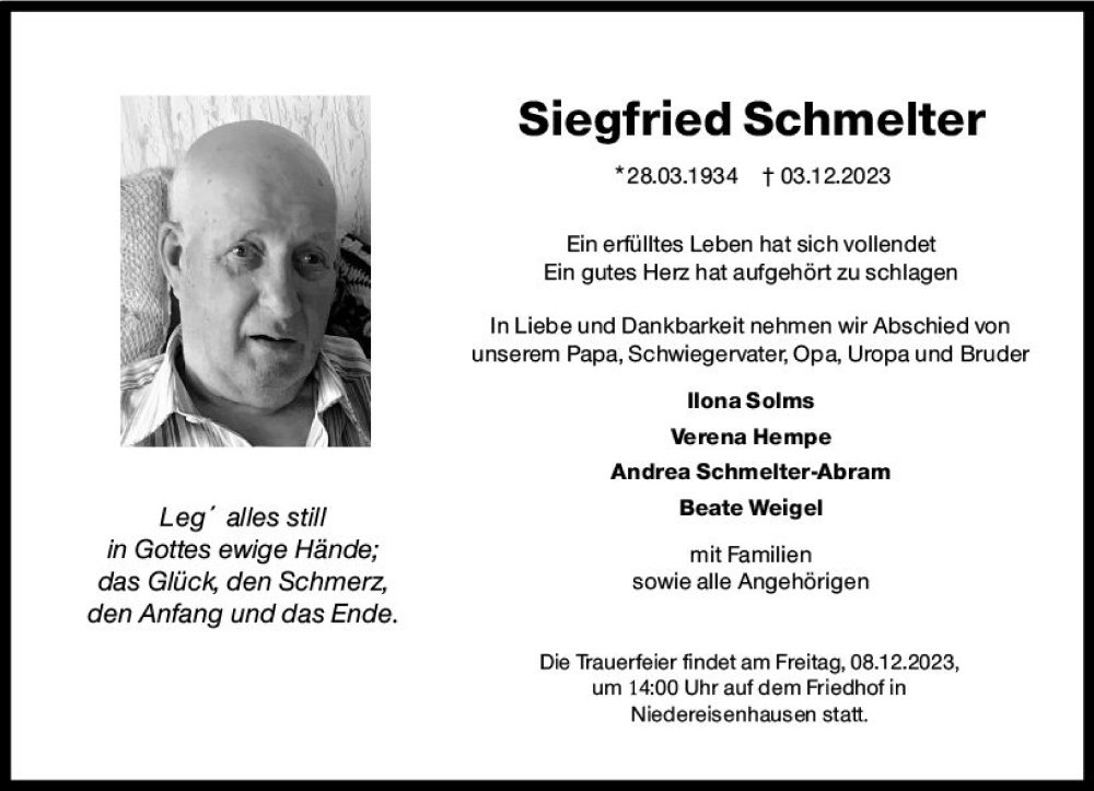  Traueranzeige für Siegfried Schmelter vom 06.12.2023 aus Hinterländer Anzeiger