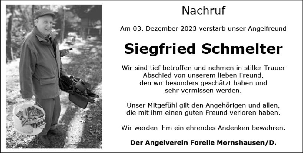  Traueranzeige für Siegfried Schmelter vom 07.12.2023 aus Hinterländer Anzeiger