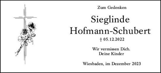 Traueranzeige von Sieglinde Hofmann-Schubert von Wiesbadener Kurier