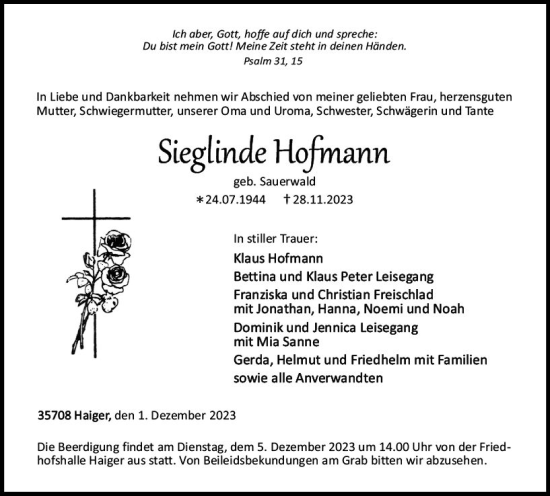 Traueranzeige von Sieglinde Hofmann von Dill Block