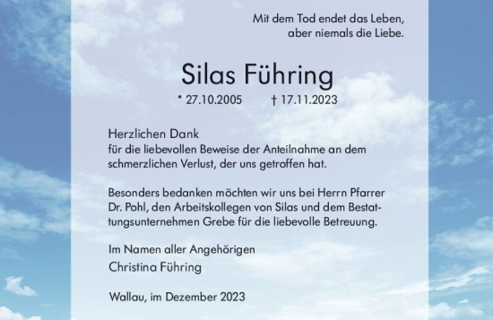 Traueranzeige von Silas Führing von Hinterländer Anzeiger