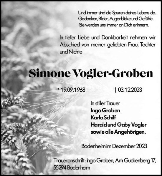 Traueranzeige von Simone Vogler-Groben von Allgemeine Zeitung Mainz