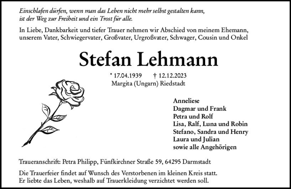  Traueranzeige für Stefan Lehmann vom 16.12.2023 aus Darmstädter Echo