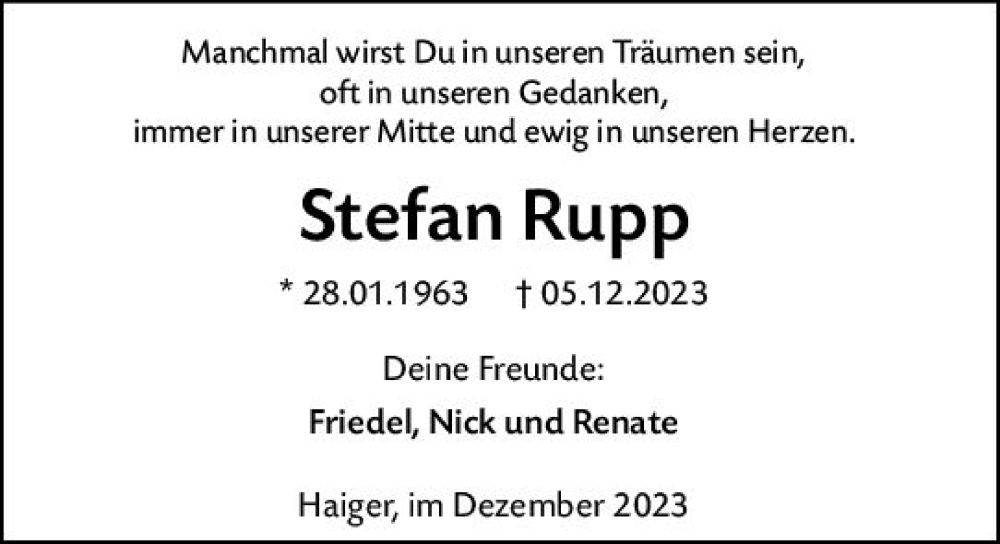  Traueranzeige für Stefan Rupp vom 21.12.2023 aus Dill Block