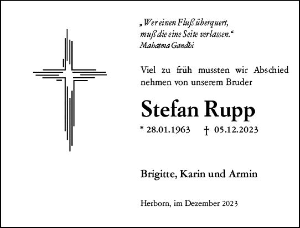  Traueranzeige für Stefan Rupp vom 23.12.2023 aus Dill Block