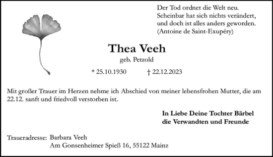 Traueranzeige von Thea Veeh von Allgemeine Zeitung Mainz