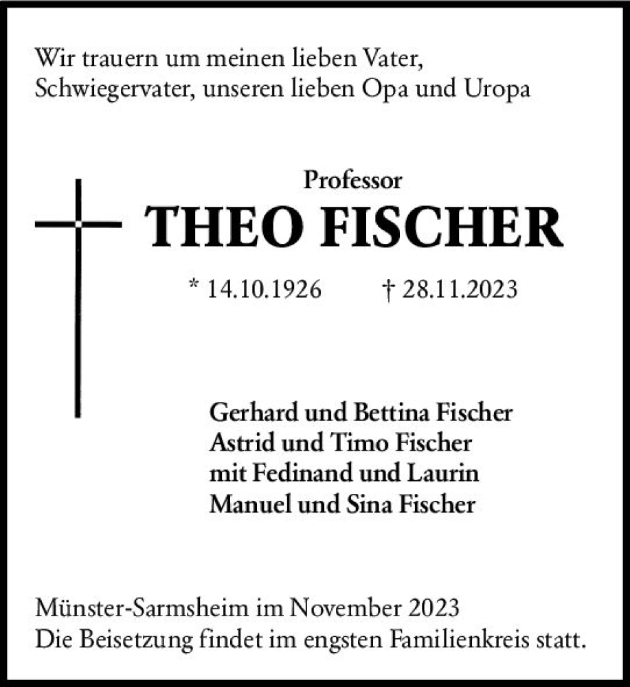  Traueranzeige für Theo Fischer vom 02.12.2023 aus Allgemeine Zeitung Bingen/Ingelheim