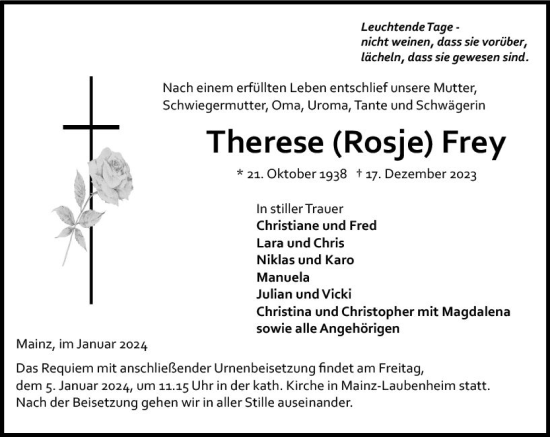 Traueranzeige von Therese  Frey von Allgemeine Zeitung Mainz