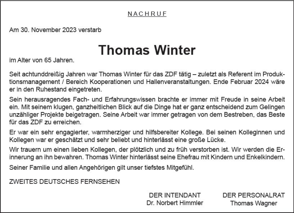  Traueranzeige für Thomas Winter vom 09.12.2023 aus Allgemeine Zeitung Mainz