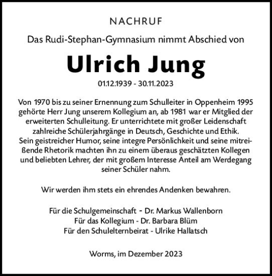 Traueranzeige von Ulrich Jung von Wormser Zeitung