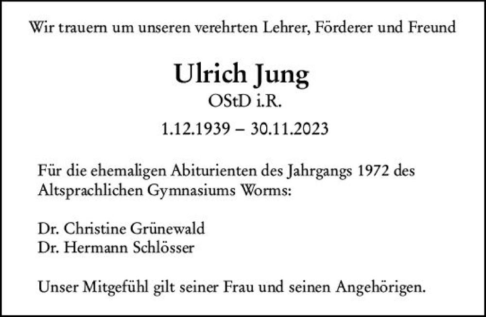  Traueranzeige für Ulrich Jung vom 06.12.2023 aus Wormser Zeitung