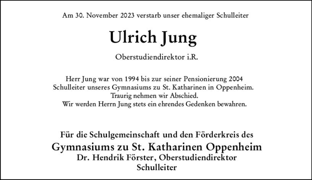  Traueranzeige für Ulrich Jung vom 06.12.2023 aus Wormser Zeitung