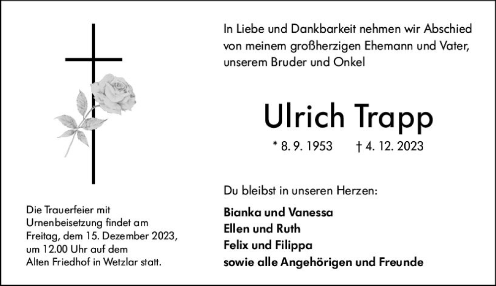  Traueranzeige für Ulrich Trapp vom 12.12.2023 aus Wetzlarer Neue Zeitung