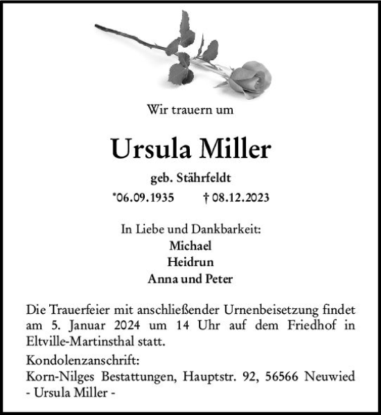 Traueranzeige von Ursula Miller von Rheingau Kurier