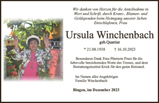 Traueranzeige von Ursula Winchenbach von Bingen/Ingelheim WOBL inkl. Neue Binger Ztg.
