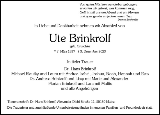 Traueranzeige von Ute Brinkrolf von Allgemeine Zeitung Mainz