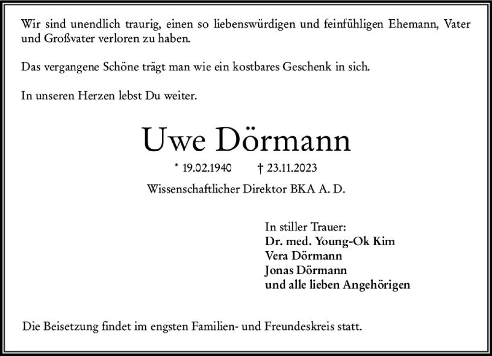  Traueranzeige für Uwe Dörmann vom 02.12.2023 aus Wiesbadener Kurier