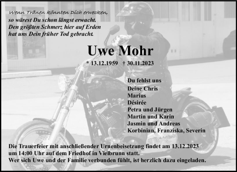  Traueranzeige für Uwe Mohr vom 09.12.2023 aus Odenwälder Echo