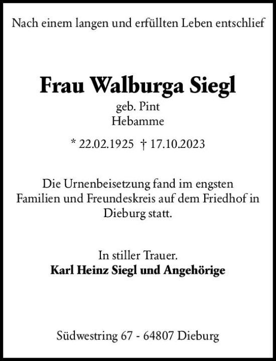 Traueranzeige von Walburga Siegl von Dieburger Anzeiger/Groß-Zimmerner Lokal-Anzeiger