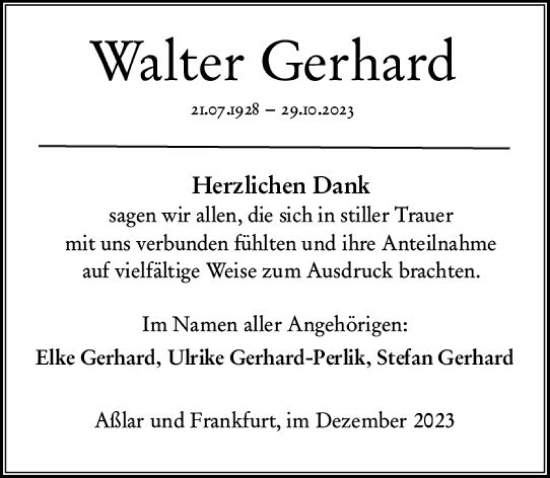 Traueranzeige von Walter Gerhard von Wetzlarer Neue Zeitung