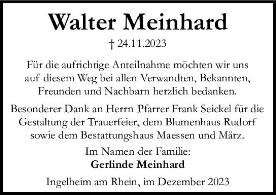 Traueranzeige von Walter Meinhard von Allgemeine Zeitung Bingen/Ingelheim