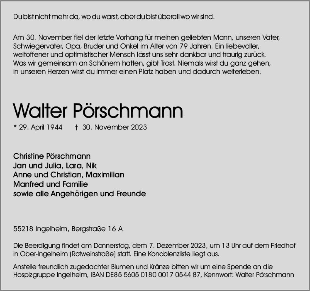 Traueranzeige für Walter Pörschmann vom 05.12.2023 aus Allgemeine Zeitung Bingen/Ingelheim