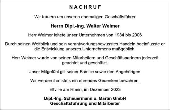 Traueranzeige von Walter Weimer von Wiesbadener Kurier