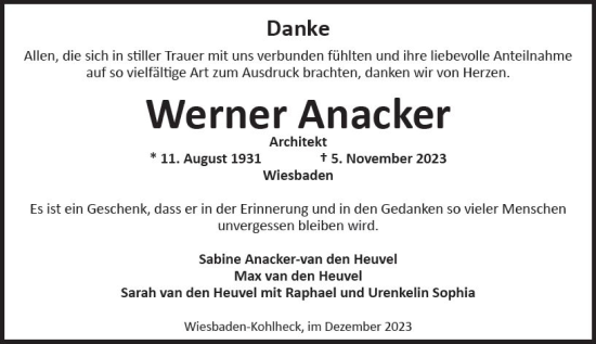 Traueranzeige von Werner Anacker von Wiesbadener Kurier