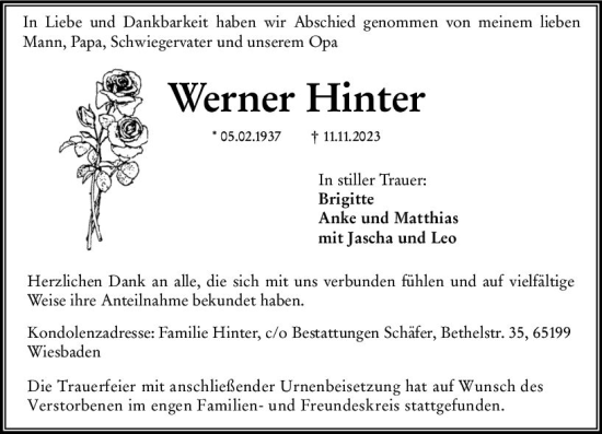 Traueranzeige von Werner Hinter von Wiesbadener Kurier