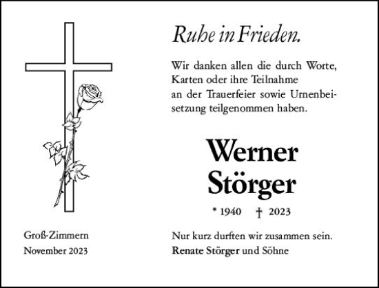 Traueranzeige von Werner Störger von Dieburger Anzeiger/Groß-Zimmerner Lokal-Anzeiger