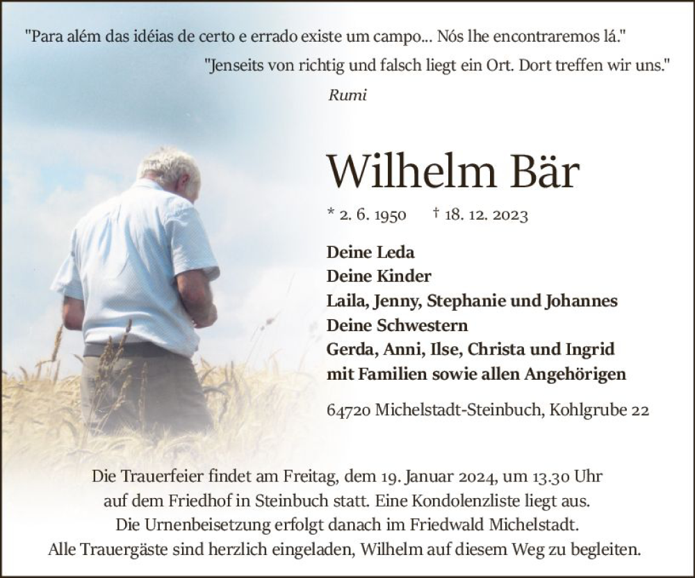  Traueranzeige für Wilhelm Bär vom 30.12.2023 aus Odenwälder Echo