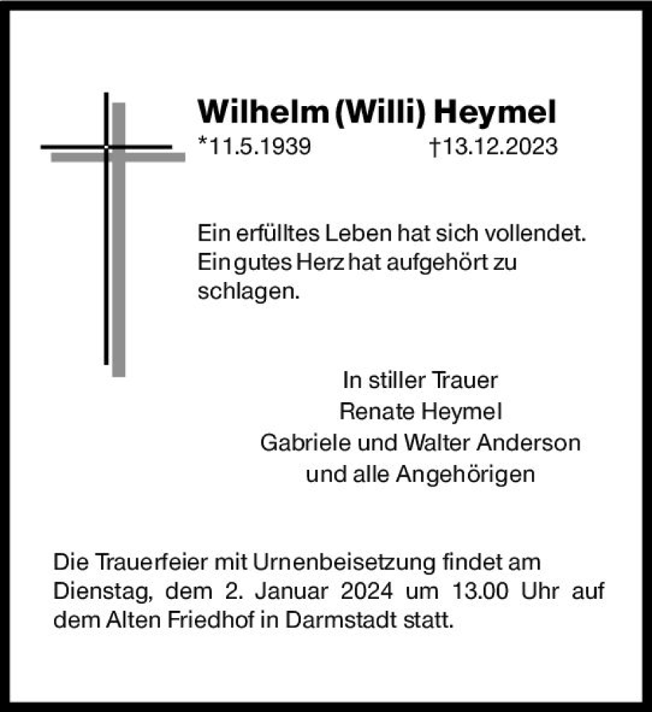  Traueranzeige für Wilhelm Heymel vom 23.12.2023 aus Darmstädter Echo