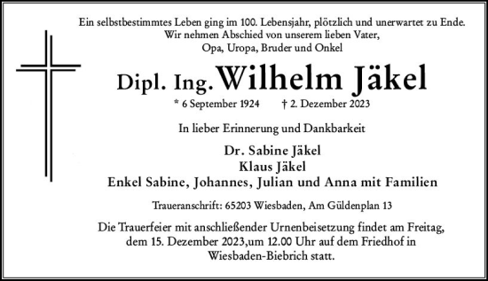 Traueranzeige von Wilhelm Jäkel von Wiesbadener Kurier