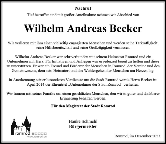 Traueranzeige von Wilhelm Andreas Becker von VRM Trauer