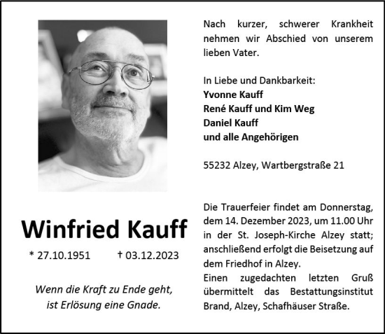 Traueranzeige von Winfried Kauff von Allgemeine Zeitung Alzey