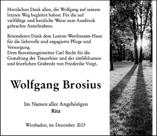 Traueranzeige von Wolfgang Brosius von Wiesbadener Kurier