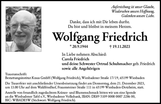 Traueranzeige von Wolfgang Friedrich von Wiesbadener Kurier