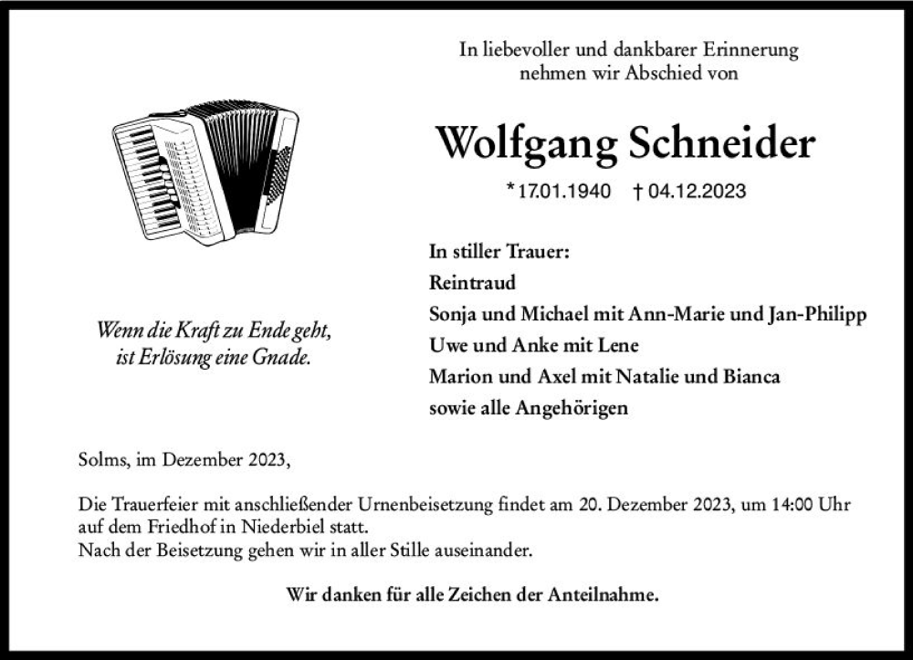  Traueranzeige für Wolfgang Schneider vom 16.12.2023 aus Wetzlarer Neue Zeitung