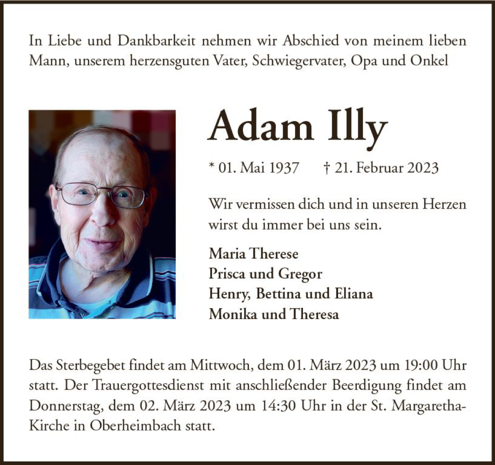  Traueranzeige für Adam Illy vom 25.02.2023 aus Allgemeine Zeitung Bingen/Ingelheim