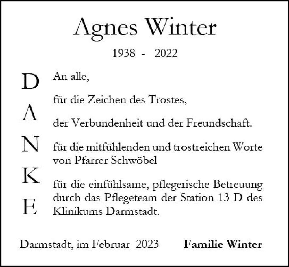  Traueranzeige für Agnes Winter vom 04.02.2023 aus Darmstädter Echo