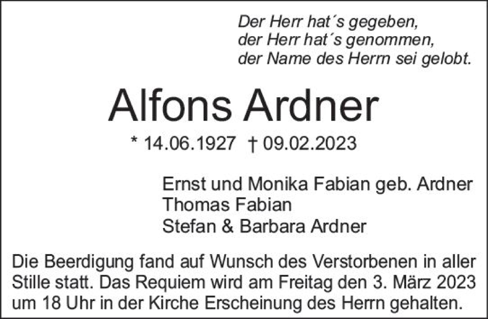  Traueranzeige für Alfons Ardner vom 28.02.2023 aus Starkenburger Echo