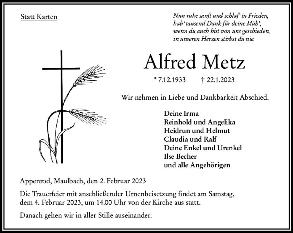  Traueranzeige für Alfred Metz vom 02.02.2023 aus VRM Trauer