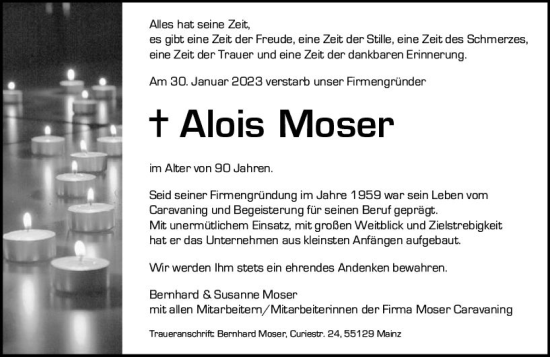 Traueranzeige von Alois Moser von Allgemeine Zeitung Mainz