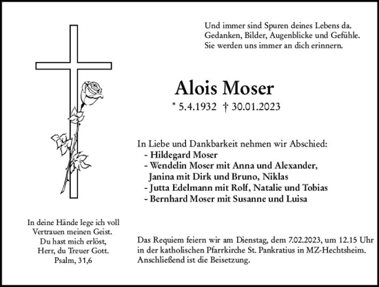 Traueranzeige von Alois Moser von Allgemeine Zeitung Mainz