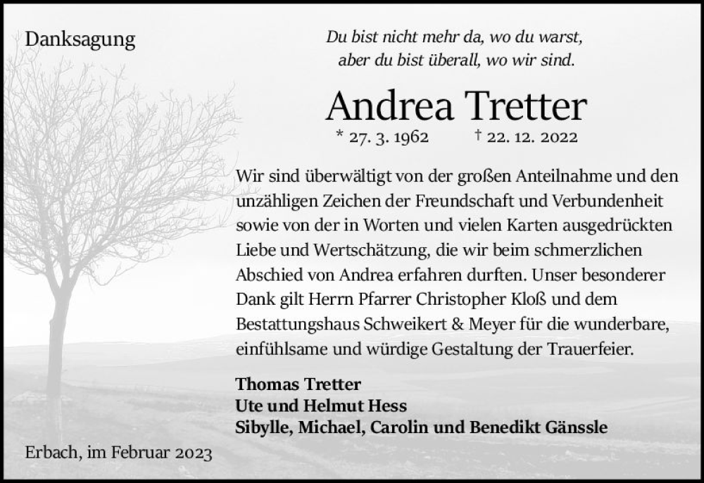  Traueranzeige für Andrea Tretter vom 04.02.2023 aus Odenwälder Echo