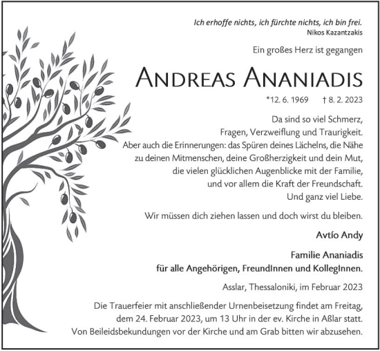 Traueranzeige von Andreas Ananiadis von Wetzlarer Neue Zeitung