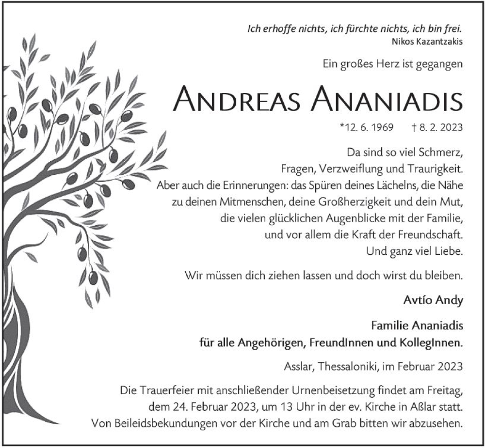  Traueranzeige für Andreas Ananiadis vom 21.02.2023 aus Wetzlarer Neue Zeitung