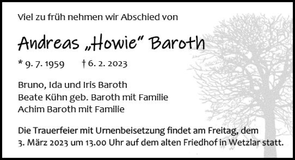  Traueranzeige für Andreas Baroth vom 25.02.2023 aus Wetzlarer Neue Zeitung