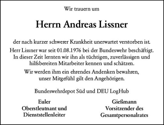 Traueranzeige von Andreas Lissner von Darmstädter Echo