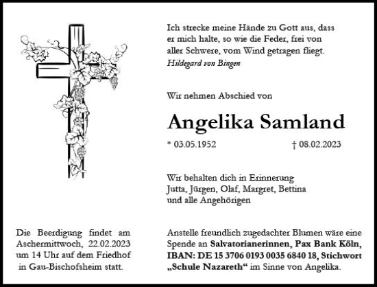 Traueranzeige von Angelika Samland von Allgemeine Zeitung Mainz